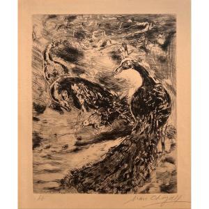 Original Etching By Chagall Signed: The Jay Pares The Feathers Of The Peacock