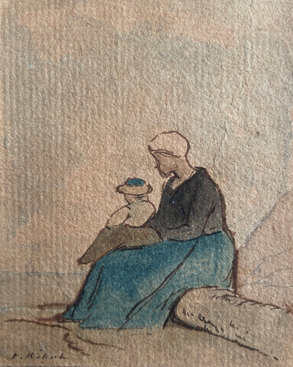 Théodule Ribot (1823-1891) - Sur le rivage - Aquarelle sur papier - Oeuvre originale signée