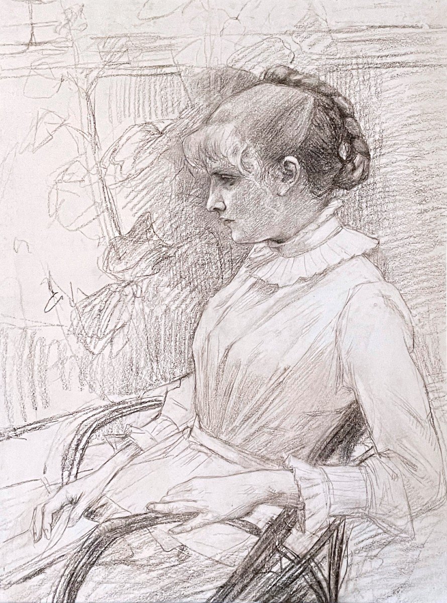 Grand Portrait De Femme - Artiste Actif En France Vers 1880 - Dessin Au Fusain