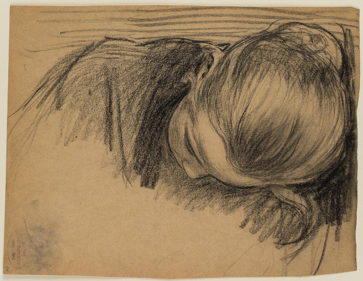 Paul Schroëter - Jeune Fille Penchée Sur Son Travail - Dessin Au Fusain - cachet de l'atelier-photo-2