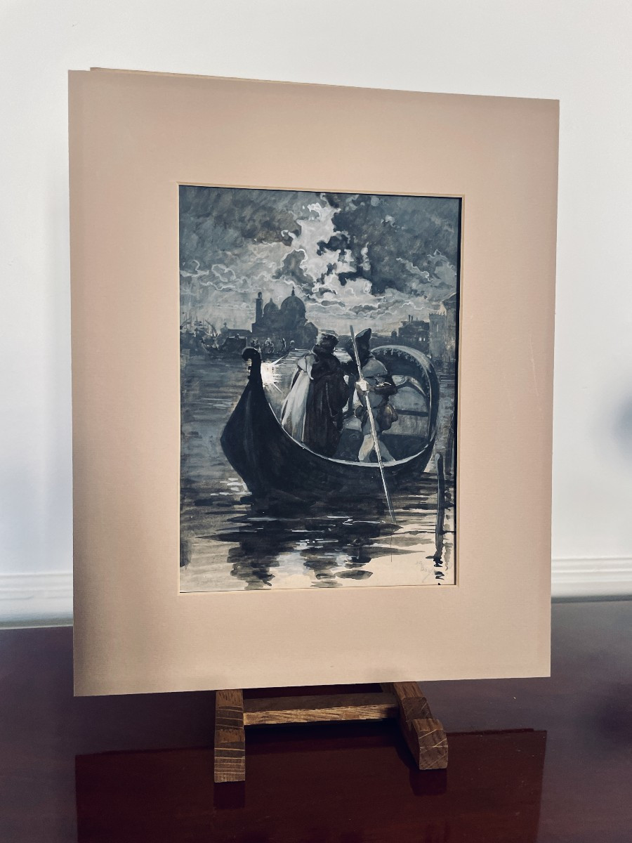Alonso De Parys (1885-1936)  -  Venise, Une Gondole La Nuit - Encre Et Gouache-photo-2