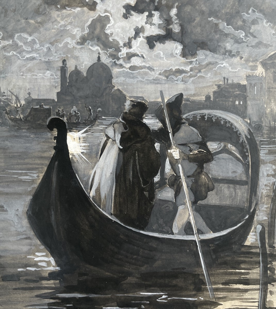 Alonso De Parys (1885-1936)  -  Venise, Une Gondole La Nuit - Encre Et Gouache-photo-3