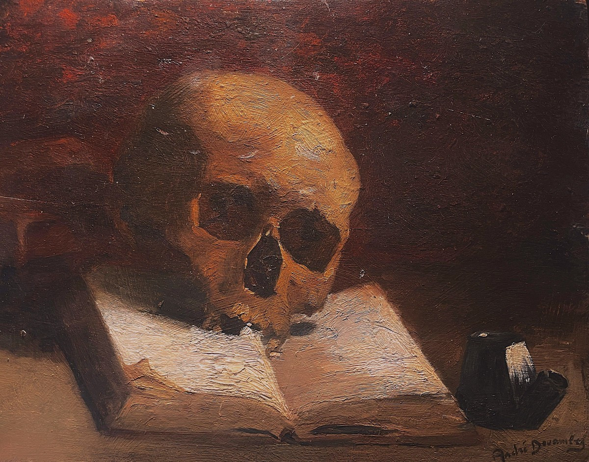 André DEVAMBEZ -  Memento Mori ou Casser sa pipe - Nature morte au crane et au livre-photo-1