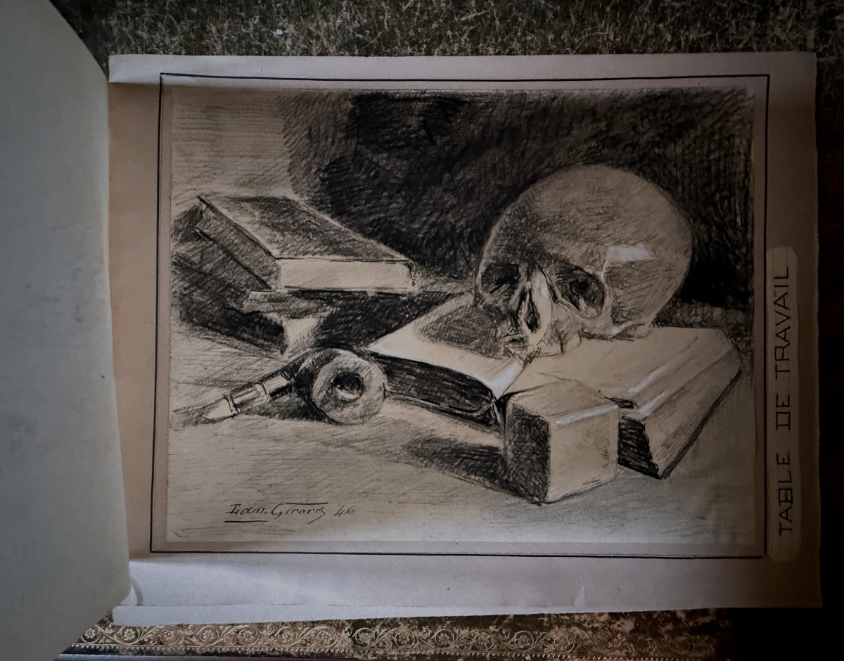 Edmond GIRARD - Memento Mori - Vanité - Nature morte au crane - pierre noire et craie-photo-2