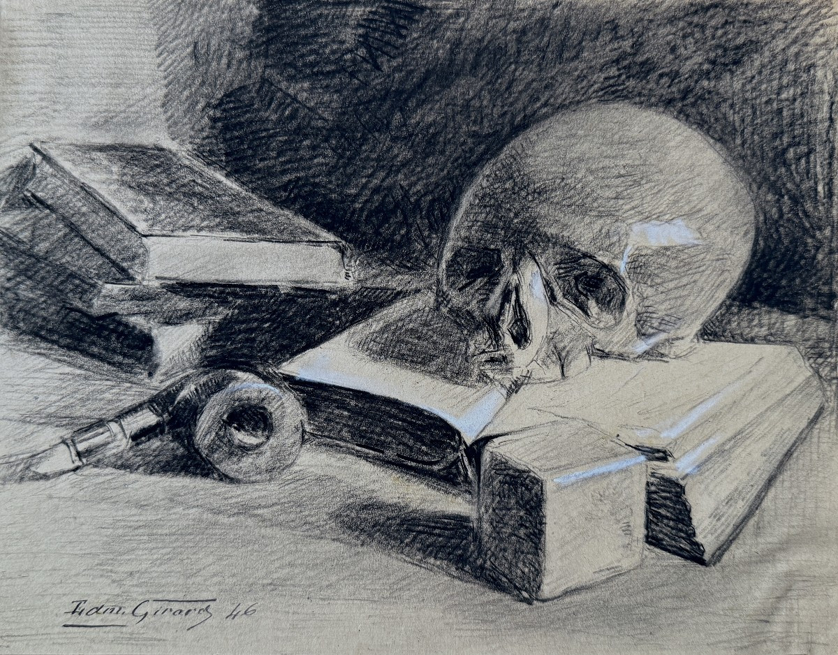 Edmond GIRARD - Memento Mori - Vanité - Nature morte au crane - pierre noire et craie