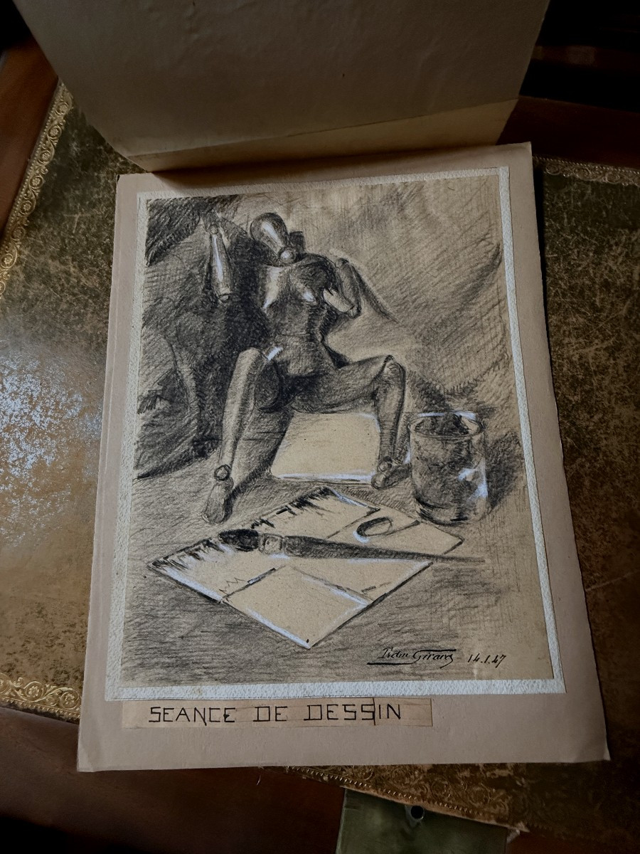 Edmond GIRARD - Nature morte au mannequin d'artiste et à la palette - pierre noire et craie-photo-2