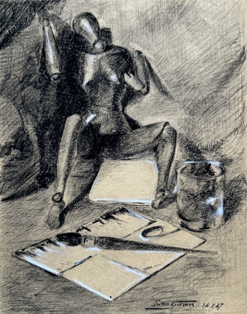 Edmond GIRARD - Nature morte au mannequin d'artiste et à la palette - pierre noire et craie