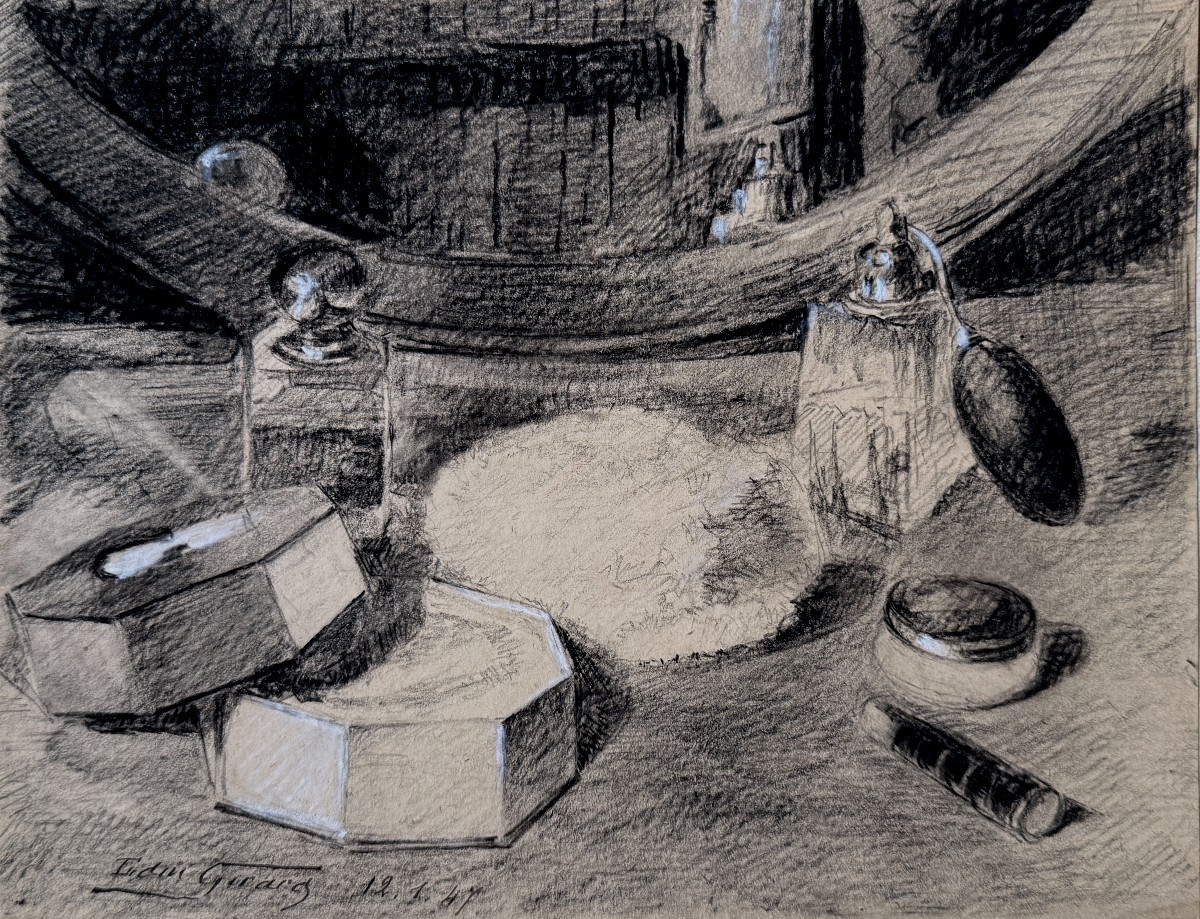 Edmond Girard - Still Life; Perfumes And Makeup - Charcoal And Chalk