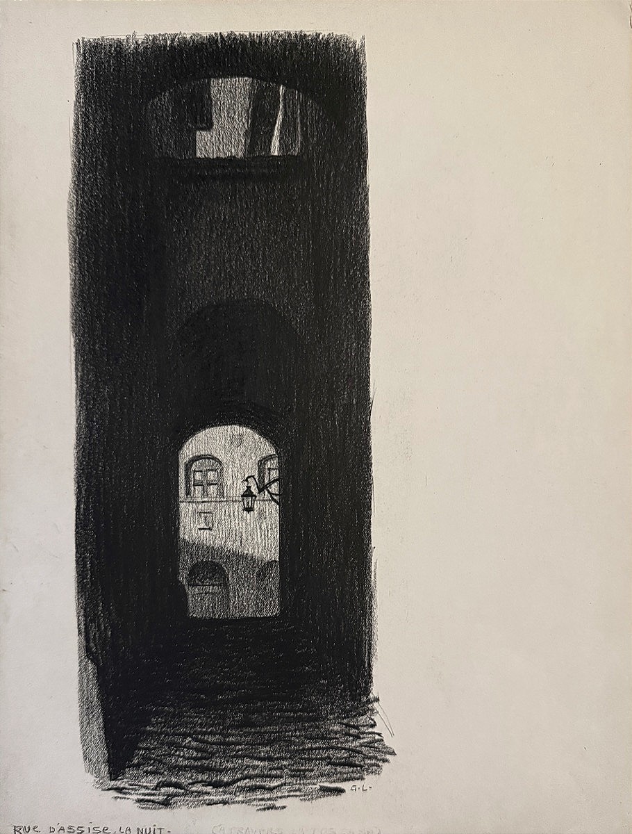Georges LEROUX - Ruelle d'Assise, la nuit - dessin - vers 1910 - Italie
