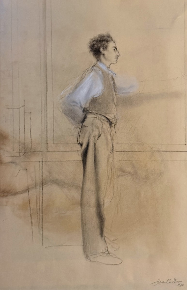 Juan CARDENAS - Autoportrait en train de peindre - Dessin - Pierre noire et craie