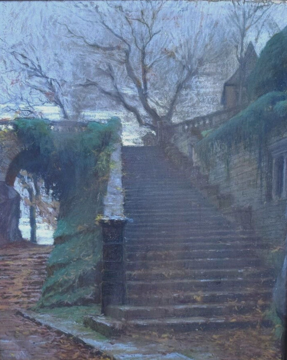 Oscar CHAUVAUX - Le Faouët - Les escaliers de la chapelle Sainte-Barbe - Pastel - Bretagne