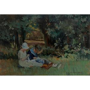 Raoul Marie Baligant - Sewing In The Garden - Oil On Board - Early 20th