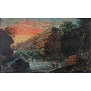 Crépin D’Orléans (1772-1851) - Paysage à la Cascade - Cadre ancien avec son Cartel