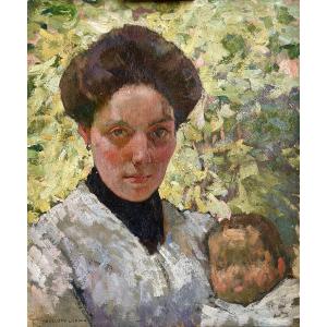 Auguste Leroux (1871–1954) - Portrait Of A Woman And Her Child - Oil On Canvas 