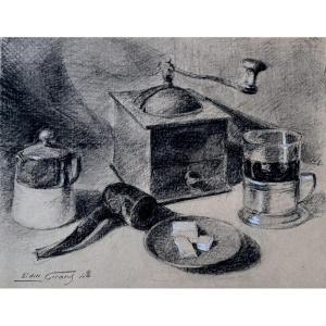Edmond GIRARD - Nature morte au moulin à café et à la pipe - pierre noire et craie