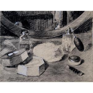 Edmond GIRARD -  Nature morte ; parfums et maquillages - Fusain et craie