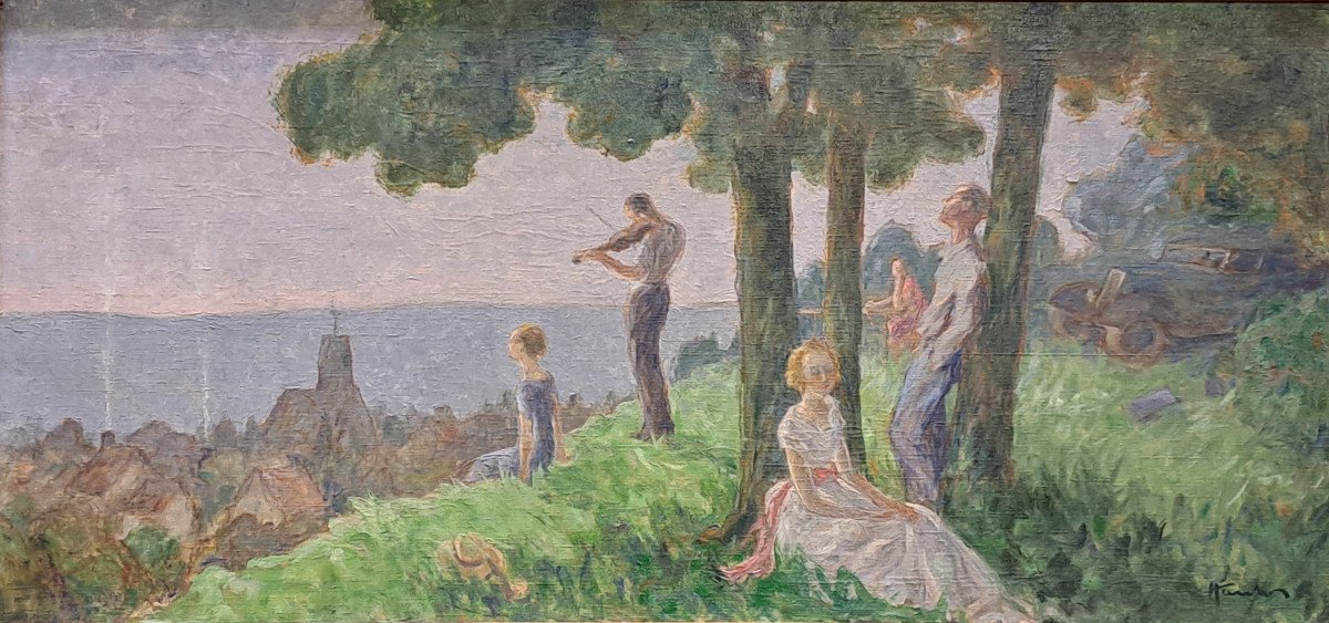 Ecole Européenne Vers 1930,  Le Violoniste Devant La Mer H 58 Cm / L 120 Cm