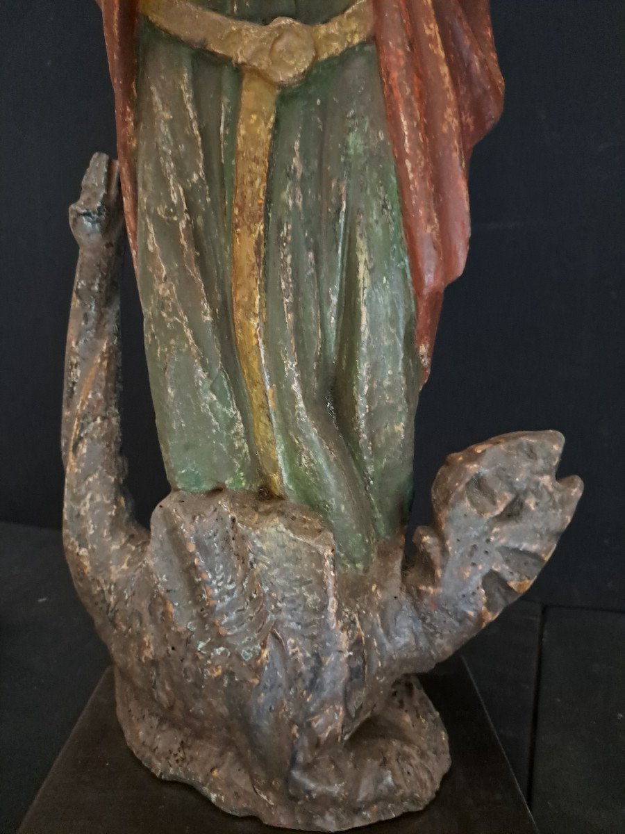 France XVIème, Sculpture De Sainte Marguerite et le dragon  H 72 Cm-photo-1