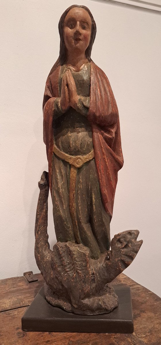 France XVIème, Sculpture De Sainte Marguerite et le dragon  H 72 Cm-photo-3