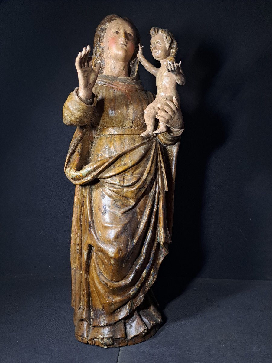 France 18th Century, Sculpture Of Virgin And Child Holding The Globe (h 66 Cm)