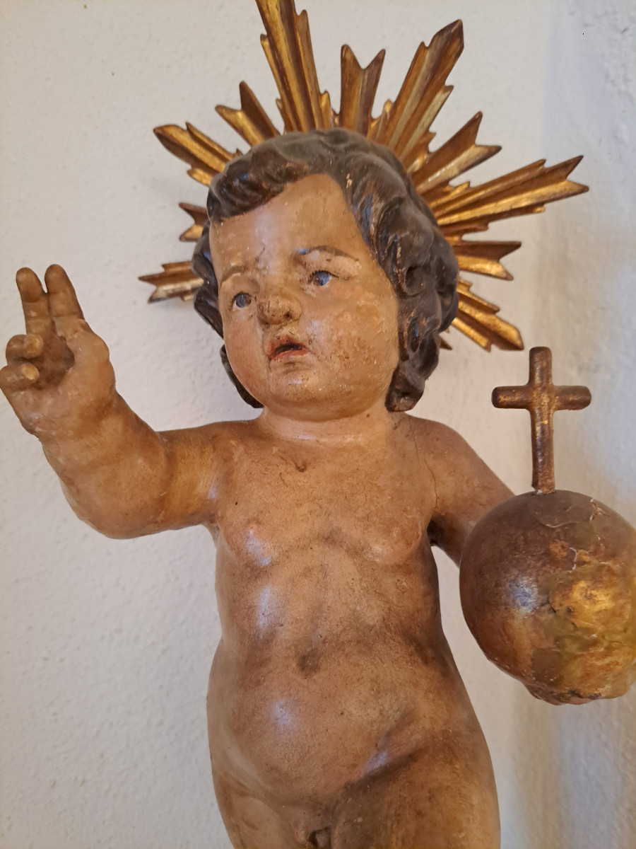 Late 17th, Early 18th: Sculpture Of Child Jesus With Cruciferous Globe H 57 Cm-photo-2