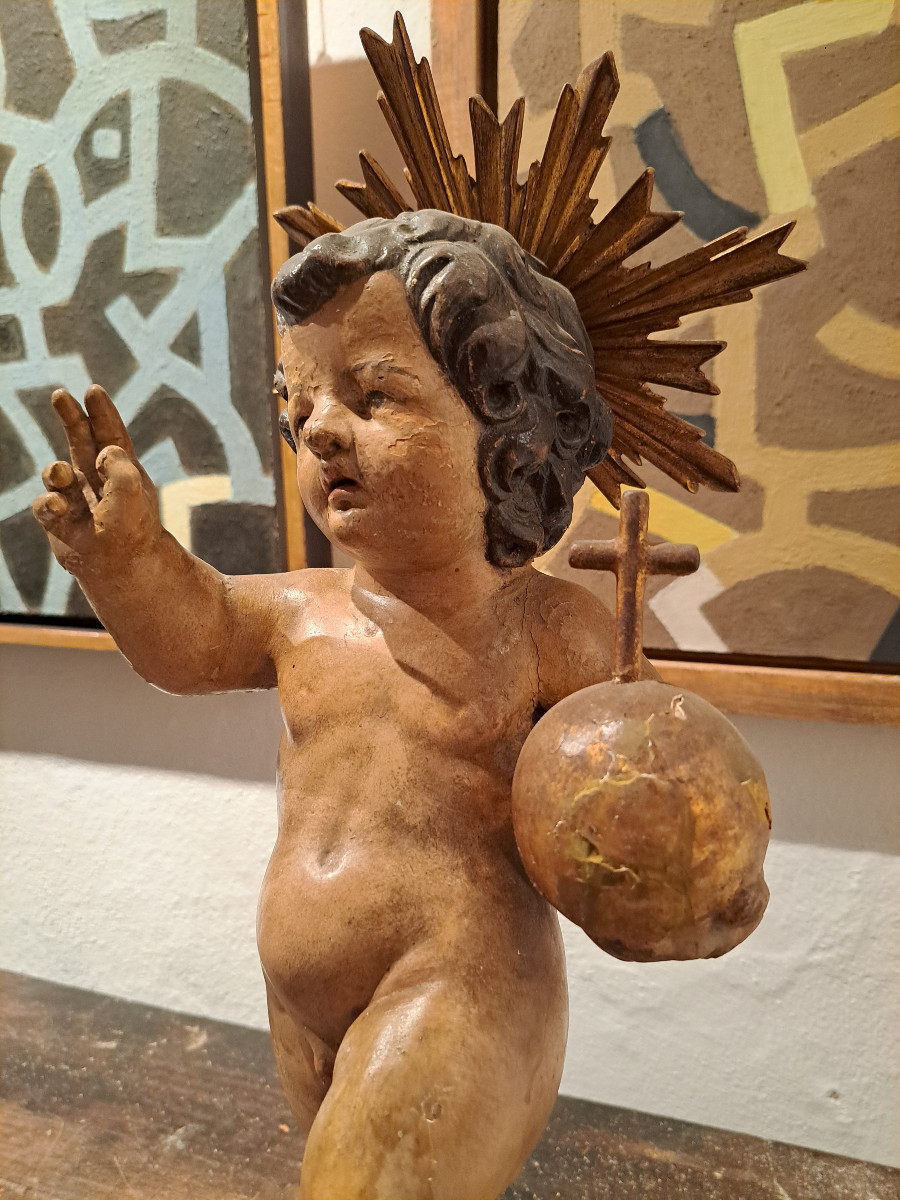 Late 17th, Early 18th: Sculpture Of Child Jesus With Cruciferous Globe H 57 Cm-photo-3