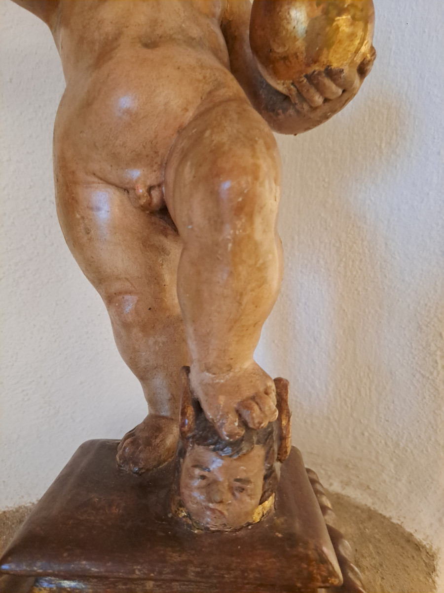 Late 17th, Early 18th: Sculpture Of Child Jesus With Cruciferous Globe H 57 Cm-photo-7