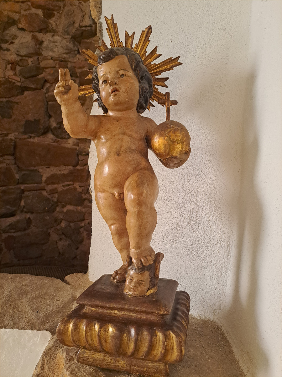 Late 17th, Early 18th: Sculpture Of Child Jesus With Cruciferous Globe H 57 Cm