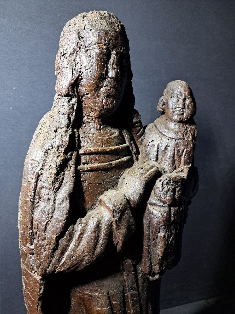 France, Auvergne 16th Century Wood  Sculpture Of Virgin And Child (h 63 Cm)-photo-2