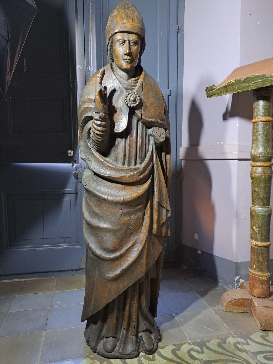 France fin XVIè, Grande sculpture d'Evêque  (H 140 cm) -photo-2