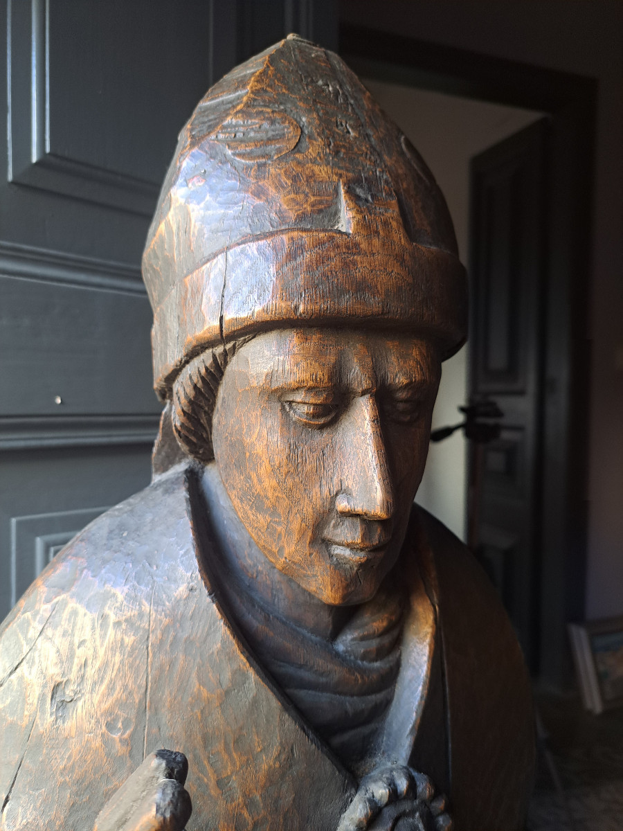 France fin XVIè, Grande sculpture d'Evêque  (H 140 cm) -photo-3