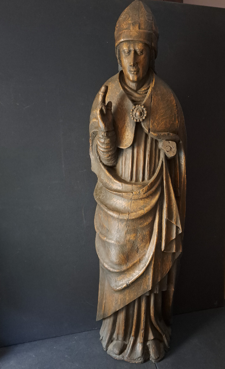 France fin XVIè, Grande sculpture d'Evêque  (H 140 cm) 