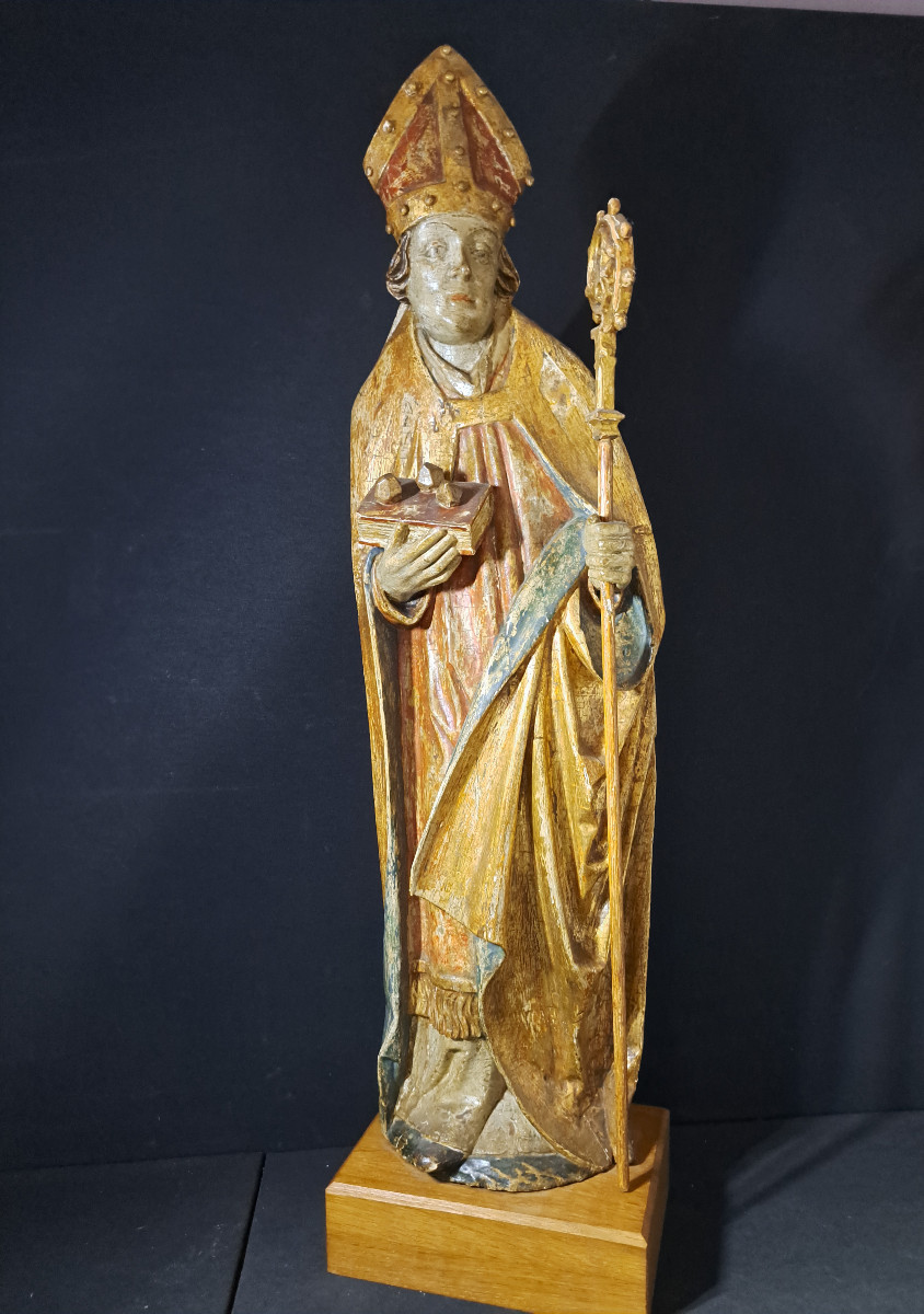 Allemagne du Sud XVIè,  Grande sculpture en bois polychromé de St Nicolas   (H 87 cm)-photo-2