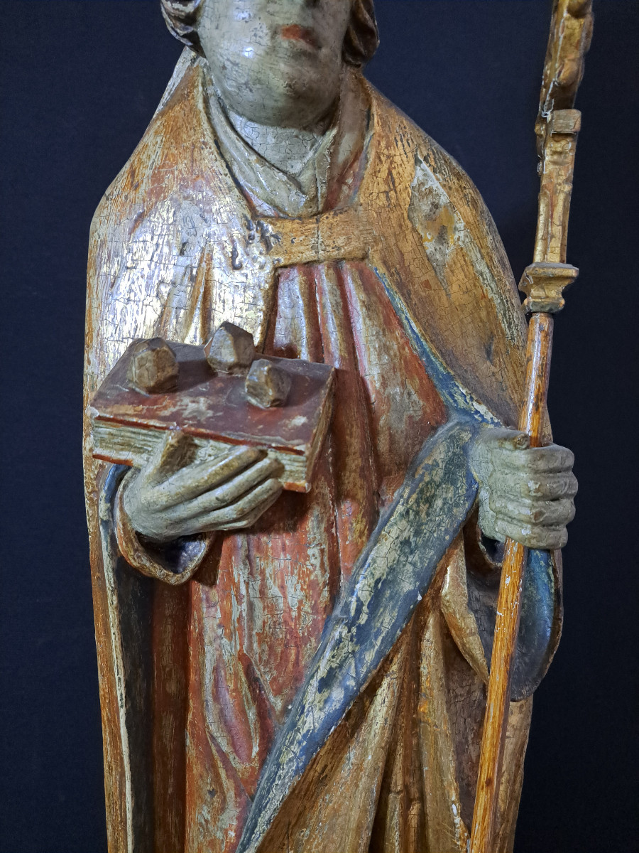 Allemagne du Sud XVIè,  Grande sculpture en bois polychromé de St Nicolas   (H 87 cm)-photo-3