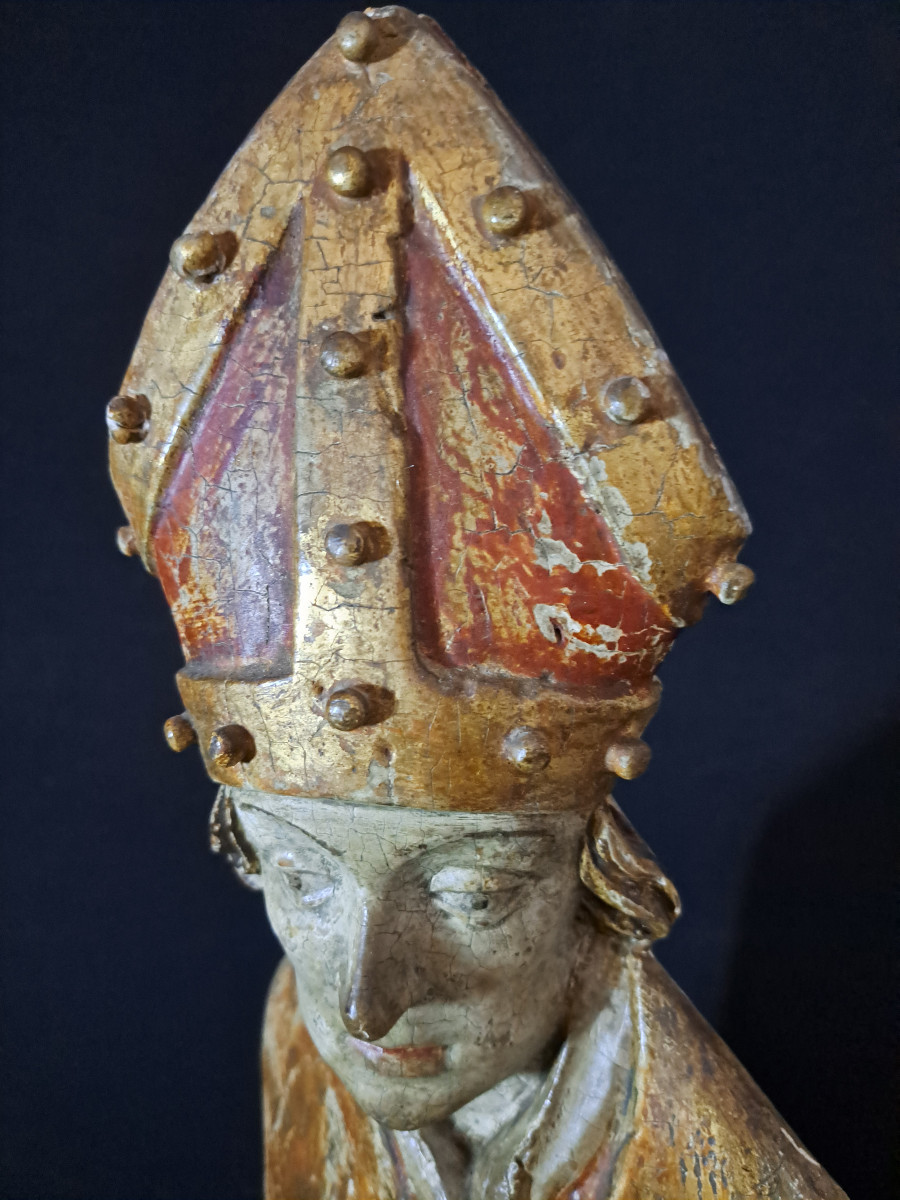 Allemagne du Sud XVIè,  Grande sculpture en bois polychromé de St Nicolas   (H 87 cm)-photo-4