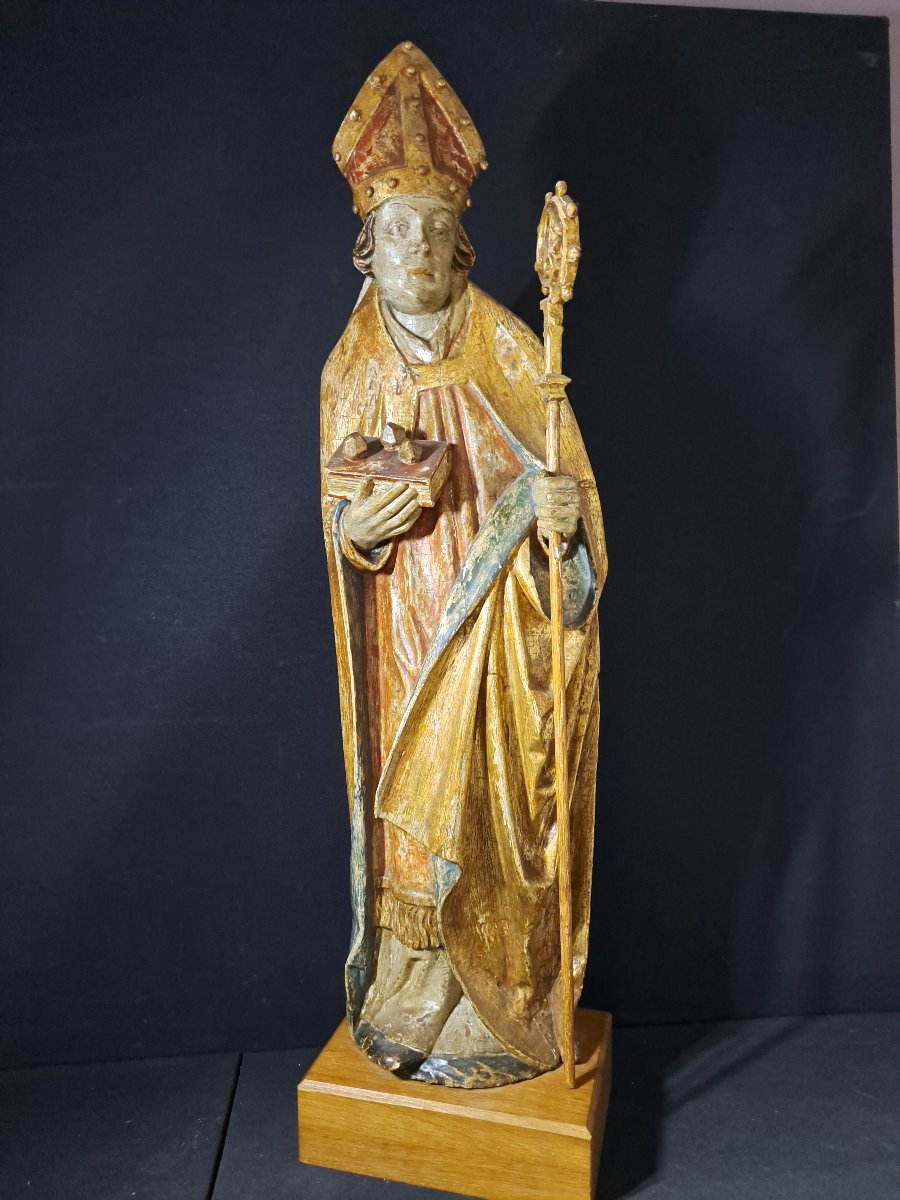 Southern Germany, 16th Century, Large Polychrome Wooden Sculpture Of St. Nicholas  (h 87)-photo-4