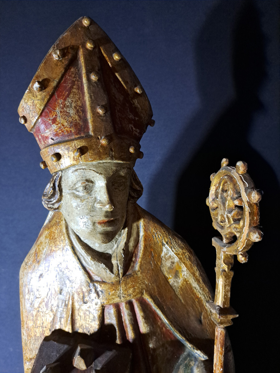 Allemagne du Sud XVIè,  Grande sculpture en bois polychromé de St Nicolas   (H 87 cm)-photo-2