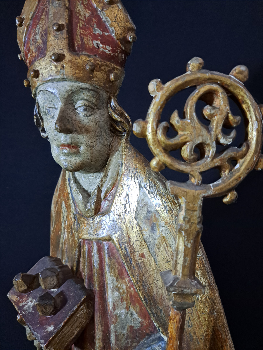 Allemagne du Sud XVIè,  Grande sculpture en bois polychromé de St Nicolas   (H 87 cm)-photo-3