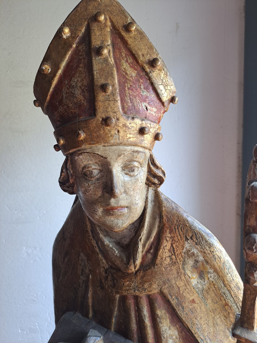 Allemagne du Sud XVIè,  Grande sculpture en bois polychromé de St Nicolas   (H 87 cm)-photo-3