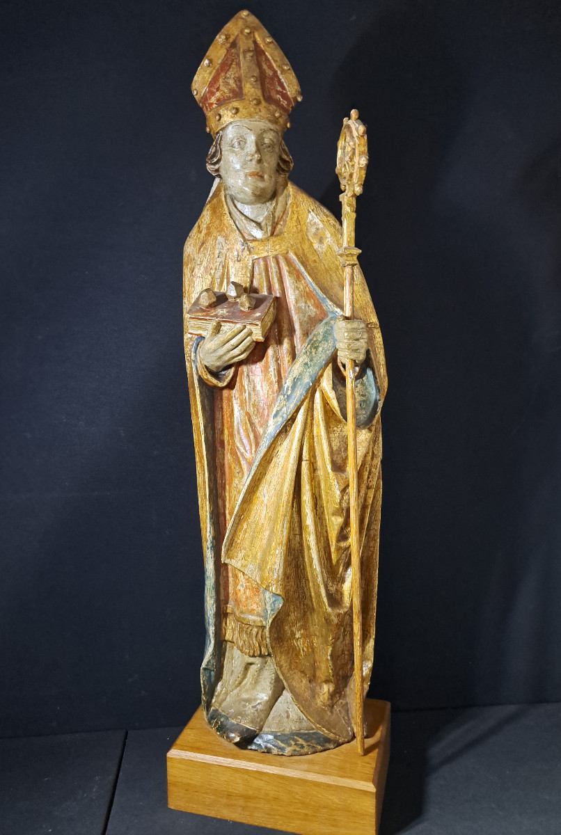 Allemagne du Sud XVIè,  Grande sculpture en bois polychromé de St Nicolas   (H 87 cm)