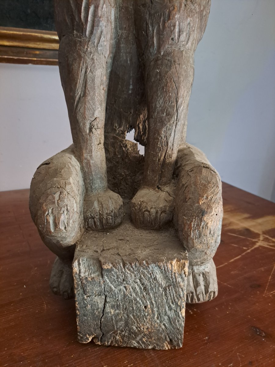 France, 16th Century, Large Wooden Sculpture Of A Wolf Gargoyle (l 81 Cm)-photo-6