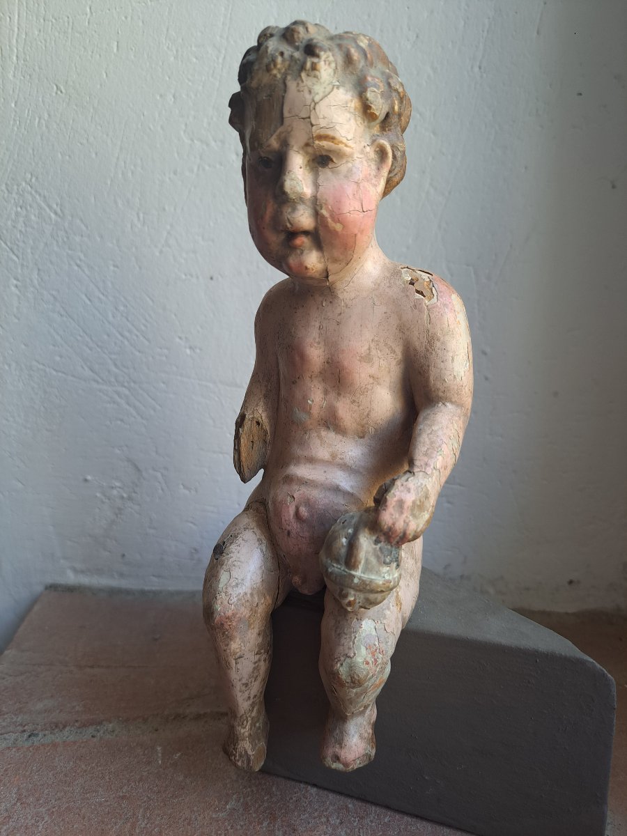 France Début 18è, Sculpture de l'Enfant Jésus tenant le globe  H 24 cm  -photo-2