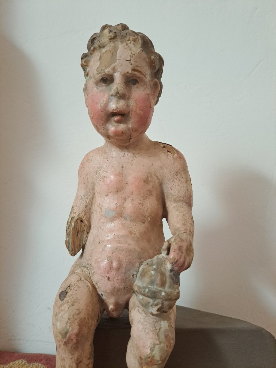 France Début 18è, Sculpture de l'Enfant Jésus tenant le globe  H 24 cm  -photo-4