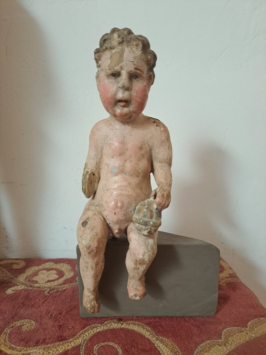 France Début 18è, Sculpture de l'Enfant Jésus tenant le globe  H 24 cm  -photo-5