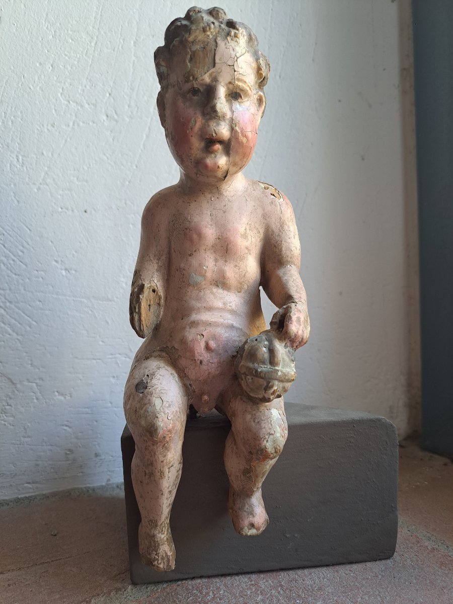 France Début 18è, Sculpture de l'Enfant Jésus tenant le globe  H 24 cm  