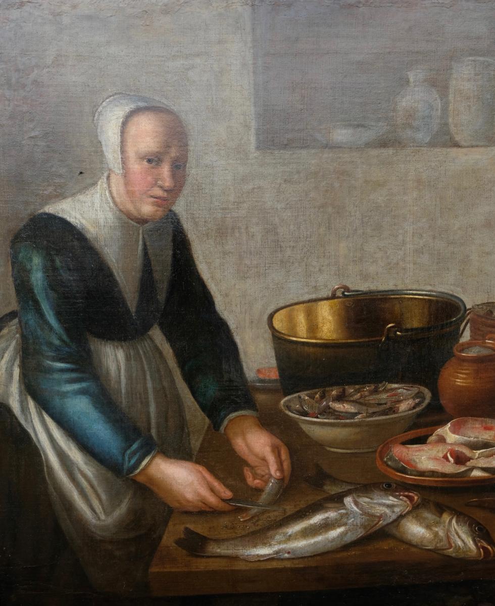Ecole Hollandaise XVIIème, Entourage De Van Schooten : Femme Dans La Cuisine ( 139 X 103,5 Cm)-photo-1