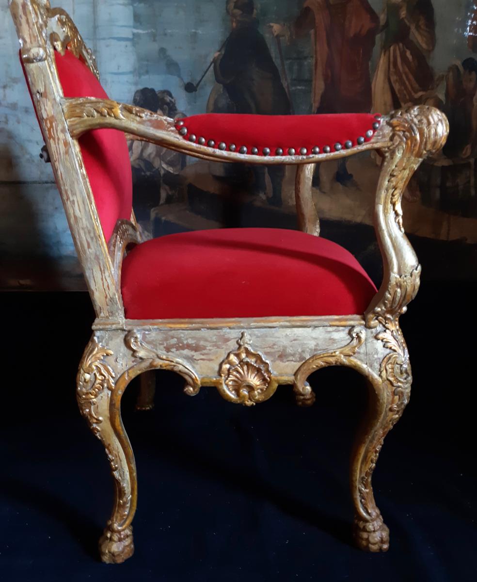 Mobilier De Salon Comprenant Un Fauteuil, Une Paire De Chaises Et Un Tabouret Italie XVIIIème -photo-4