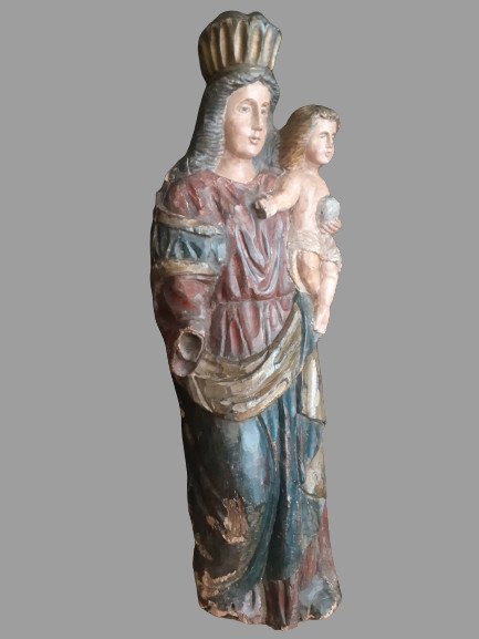 Grande Vierge à l'Enfant En Bois Sculpté, Début XIX ème  (H 107 Cm)-photo-2