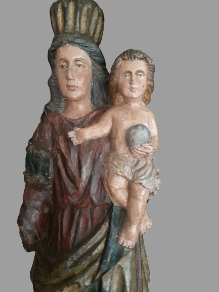 Grande Vierge à l'Enfant En Bois Sculpté, Début XIX ème  (H 107 Cm)-photo-3