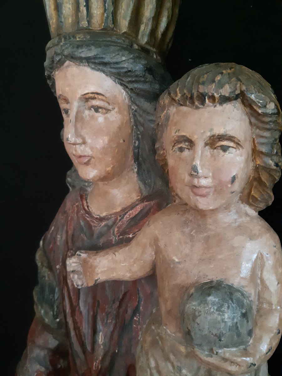 Grande Vierge à l'Enfant En Bois Sculpté, Début XIX ème  (H 107 Cm)-photo-4